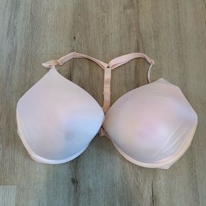 Pink bra with lace back. Bra opens in front.